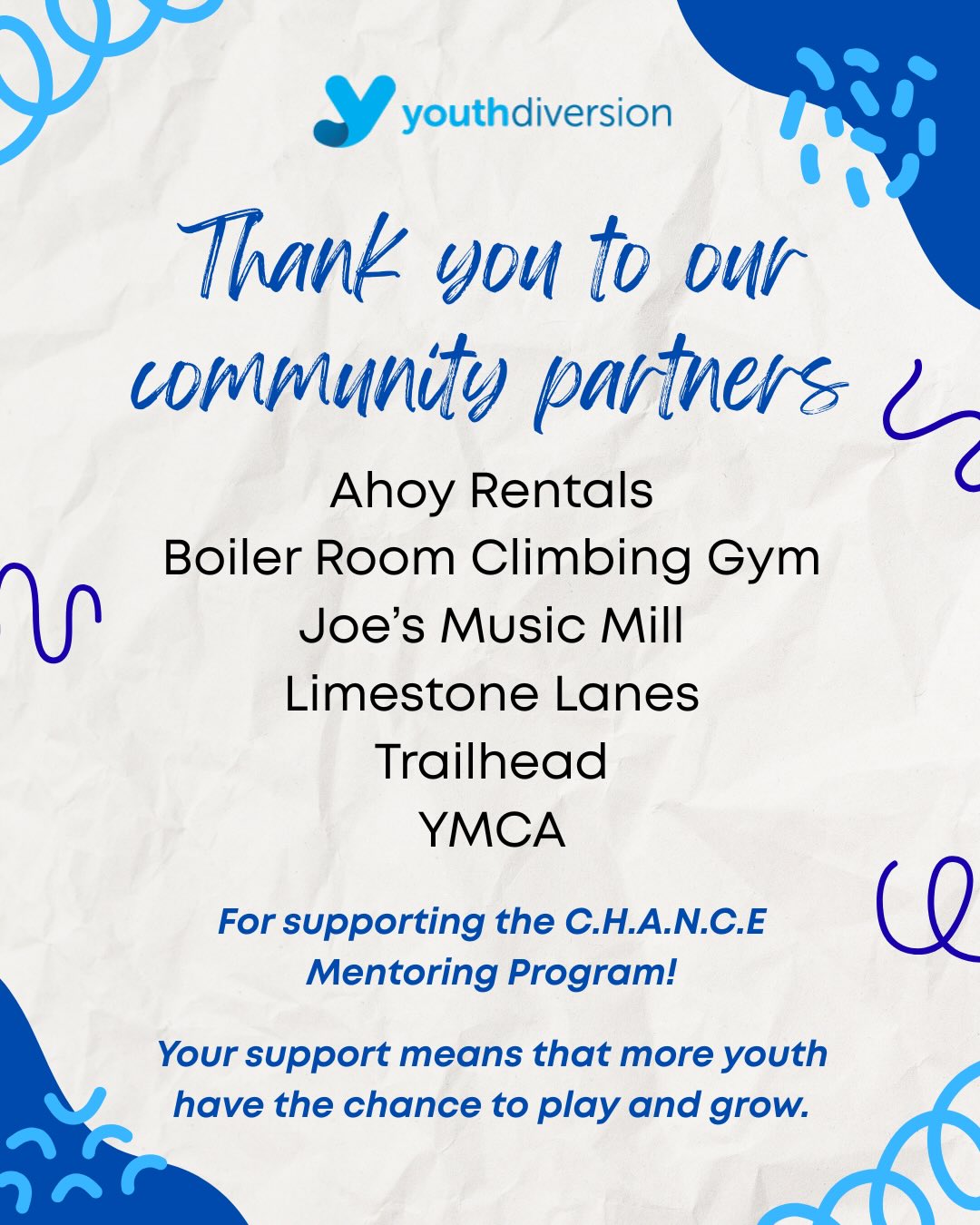 HUGE shoutout to our Community Partners! The support from these organizations makes a world of difference, giving more youth the opportunity to play and grow. 
@ahoyrentals @boilerroomclimbing @joes_mill @michaelconley13982026 @trailheadktownbelleville @ymcaofeasternontario
If you are interested in learning how you can support our Mentoring Program, please email bzettel@youthdiversion.org or visit our website at youthdiversion.org 
#recreation #community #mentorship