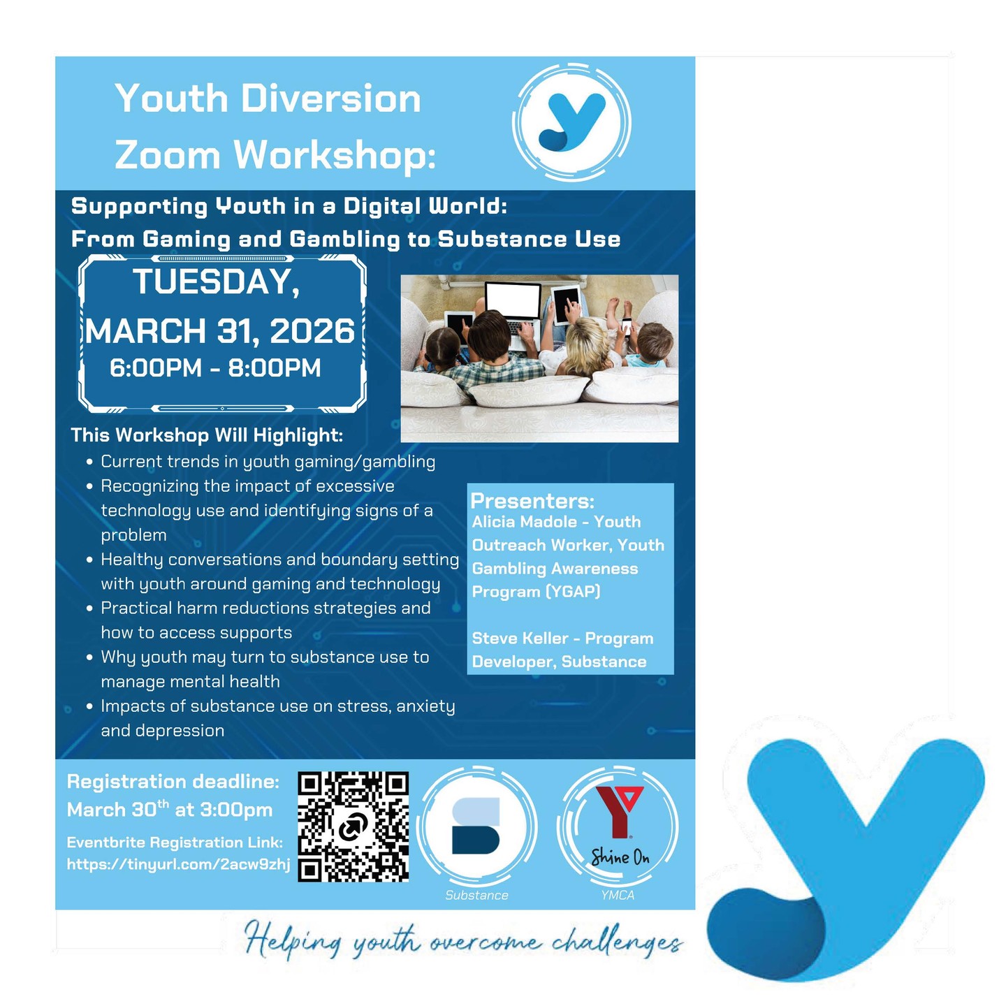 Please join us for our next iteration of our Volunteer Workshops on March 31, 2026 at 6pm as we continue to support and build capacity in our community to support children and youth. We are excited to bring together both the @ymcagta YGAP and @talksubstance to jointly present this important information. To register, please use the QR code below...there is no cost for this workshop. #prevention #YouthGaming #ygk