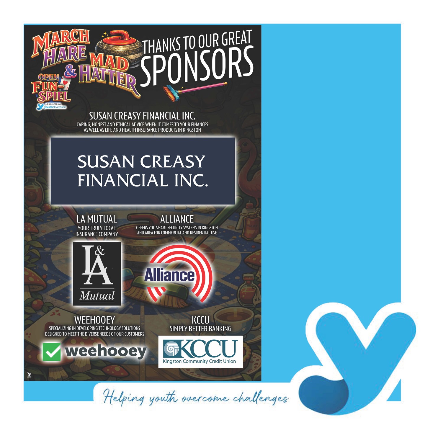 The 2026 March Hare & Mad Hatter Curling Bonspiel is officially sold out! 12 teams will be gathering tomorrow at the @catgandcc to throw rocks at houses for a good cause. All funds raised will be supporting our Kids Can't Wait initiative in support of our Prevention Programs. Thank you so much to Hal and the rest of the Organizing Committee for all your energy and enthusiasm in planning the 2nd Annual March Hare & Mad Hatter Curling Bonspiel. 
To our sponsors:
Susan Creasey Financial Title Sponsor 
@allianceanswer 
@kingstoncommunitycu 
Weehooey
L&A Mutual Insurance Co.
Sherri Agnew and her amazing team for providing us with the snacking energy that will be needed.

Without these folks, we can't help children and youth overcome challenges in our community. #ygk #kidscantwait #locallove