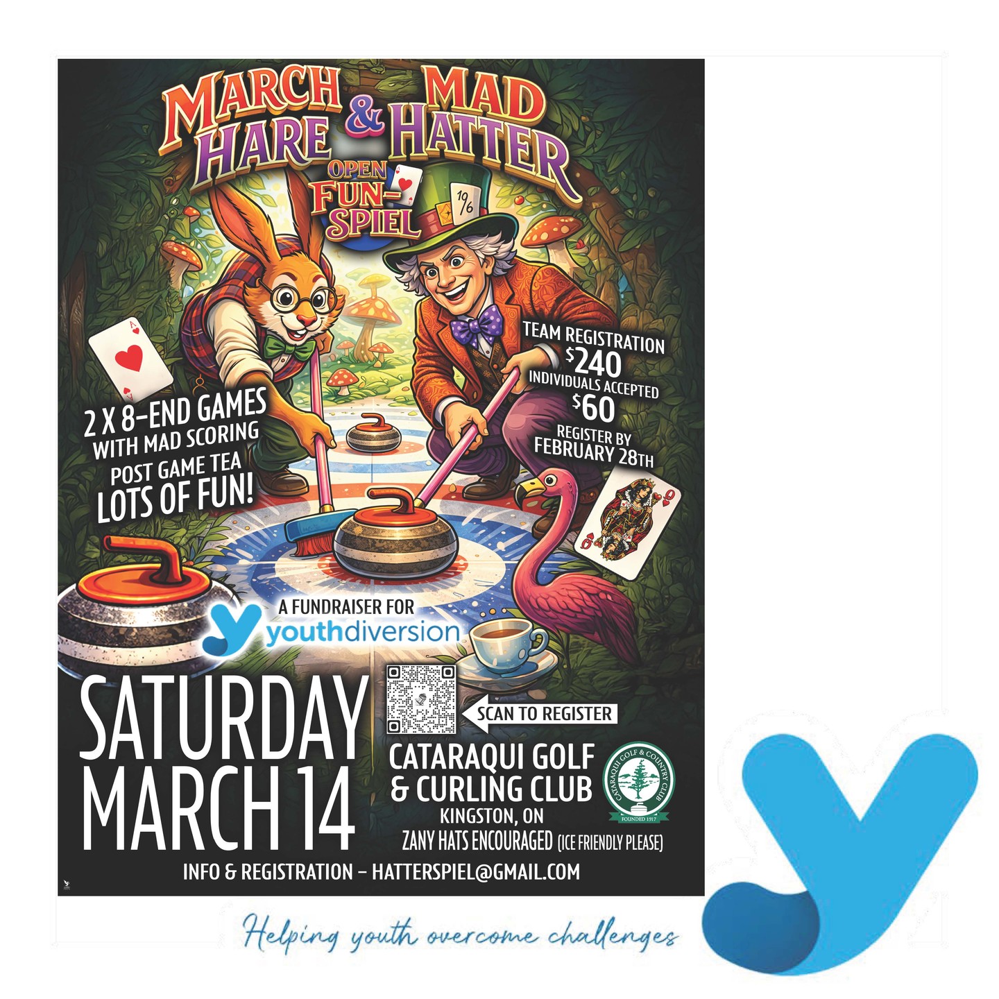Just a litter over a month to go for the March Hare Mad Hatter Curling Bonspiel in support of Youth Diversion's Kids Can't Wait Initiative. We are extremely grateful to our Premier Sponsor Susan Creasy Financial Inc for setting the stage for this event. In addition, we like to thank the following additional sponsors for their financial support
Alliance Security and Communications
Weehooey Inc 
L&A Mutual Insurance Co.
Kingston Community Credit Union-KCCU

There is still time to register a team or to join an existing team. 
Thank you all for helping us help youth overcome challenges