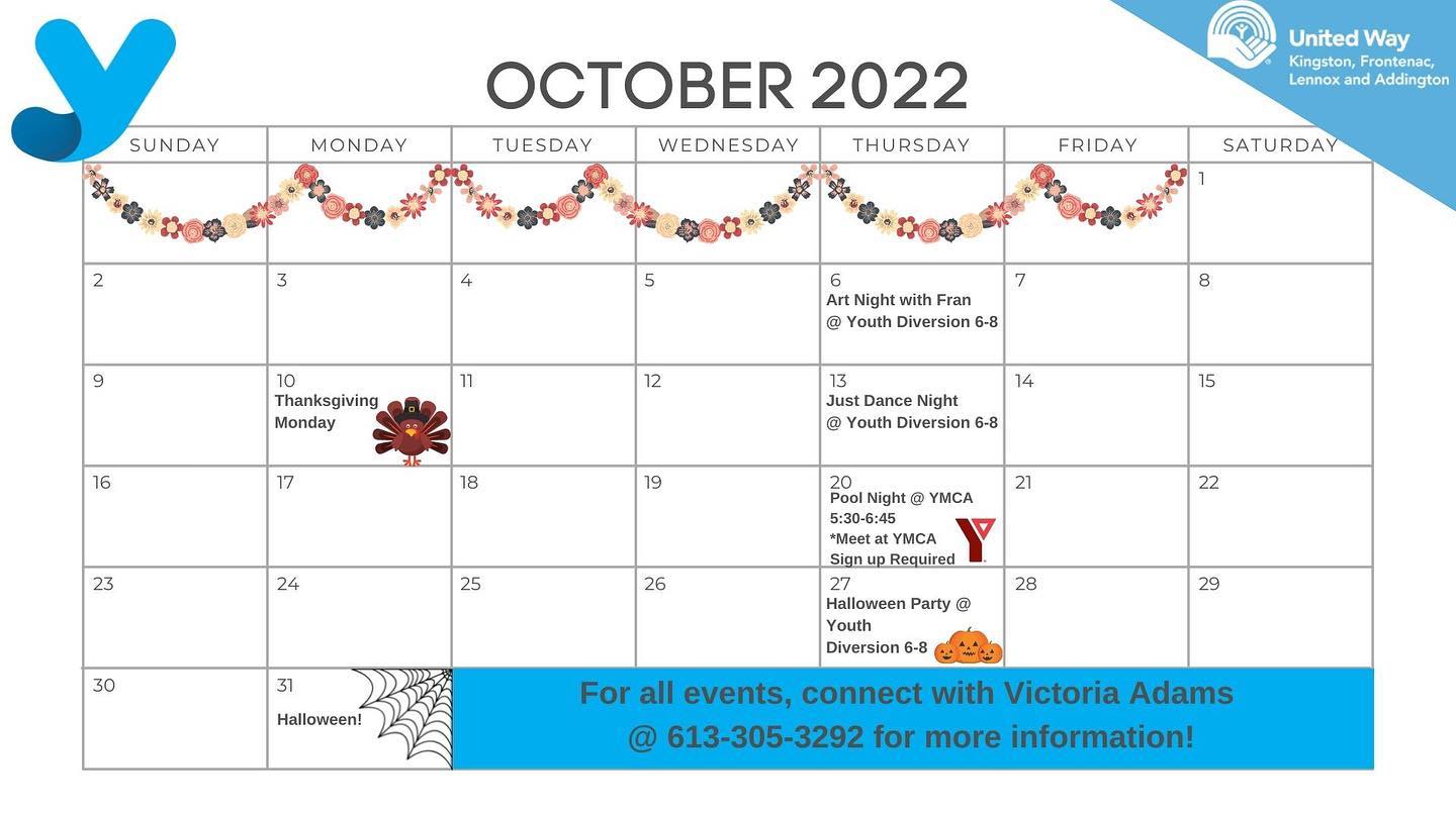 We are so excited to start up our evening programming again! Connect with Victoria @ 613-305-3292 for more info and to sign up for our YMCA night on October 20th!