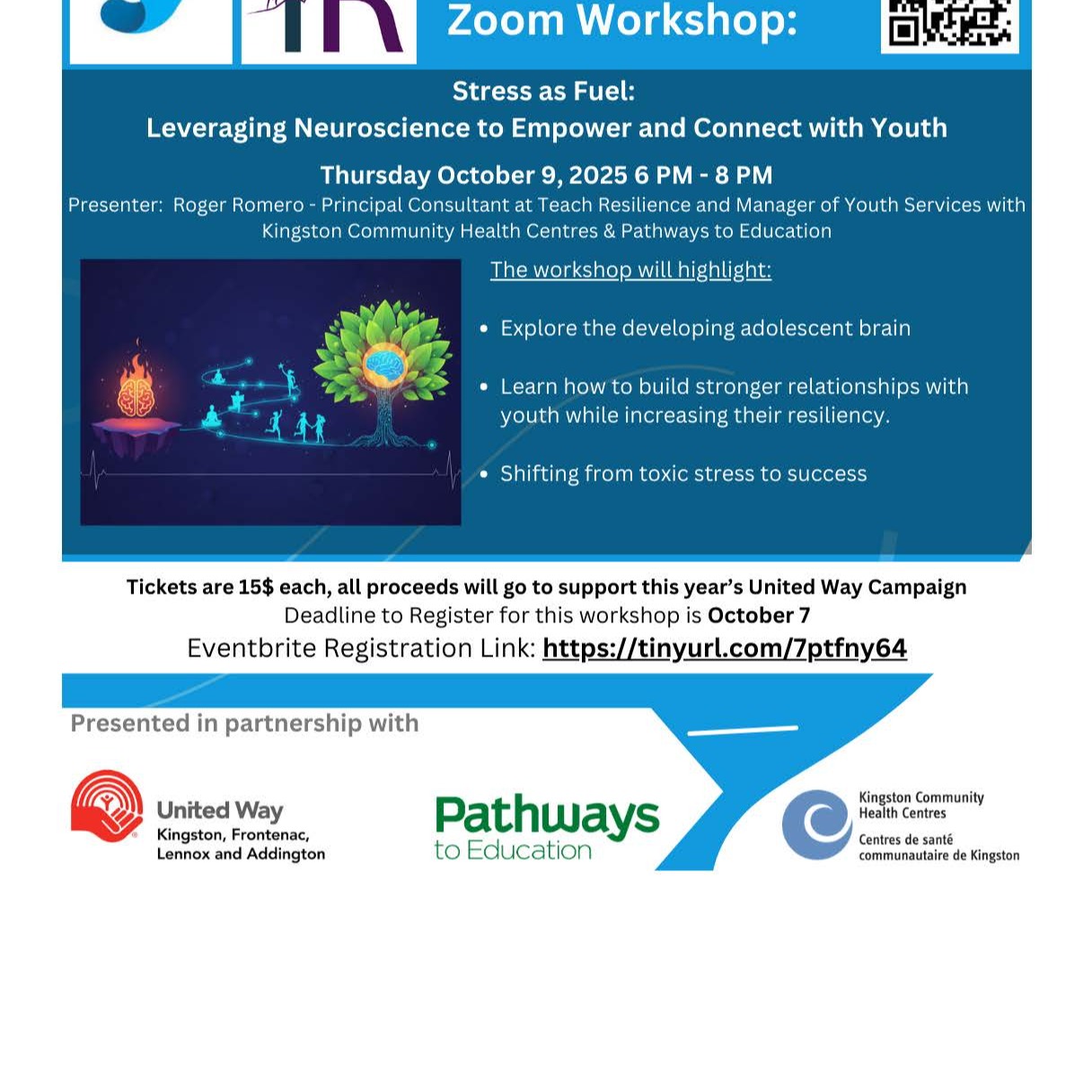 Youth Diversion would like to invite you to our upcoming Zoom workshop on “Stress as Fuel: Leveraging Neuroscience to Empower and Connect with Youth.” This workshop would be of interest to family members, professionals, educators, community members, and anyone who would like to build stronger relationships with youth.
Presenter: Roger Romero- Principal Consultant at @teachresilienceca and Manager of Youth Services with @kingstoncommunityhealthcentres & Kingston Pathways to Education
Cost: $15.00 with proceeds going to this year’s @unitedwaykfla . Deadline to Register is Tuesday October 07th at 4pm.
The Zoom link will be emailed by Eventbrite after the registration deadline. (October 7)
Eventbrite link: https://tinyurl.com/7ptfny64
PLEASE SIGN UP FOR EVENTBRITE WITH SAME EMAIL AS ZOOM ACCOUNT
If you have any questions or problems signing in, kindly contact Jackie at jfranklin@youthdiversion.org