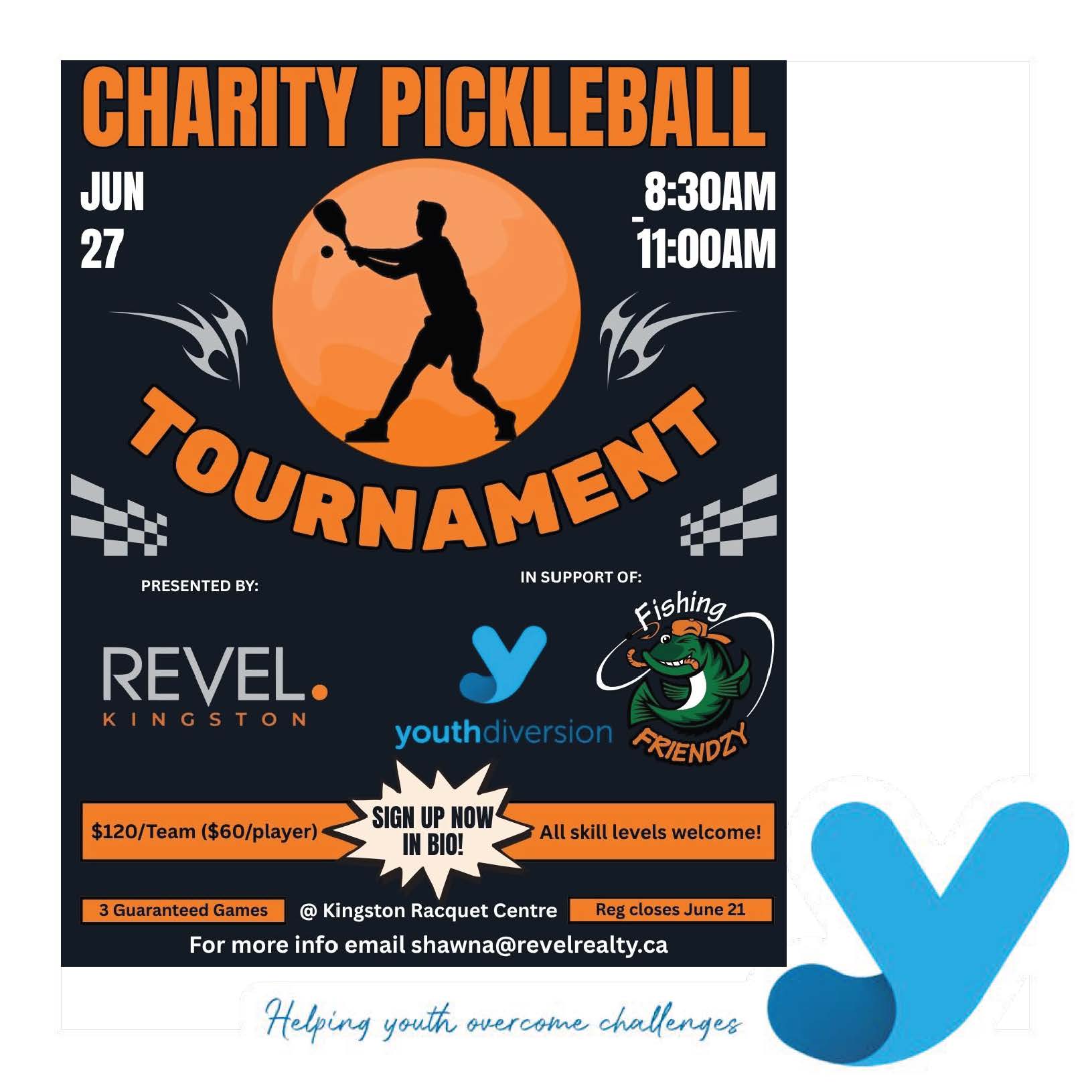 Our friends at @revelkingston Realty are excited to be hosting their 1st Annual Charity Pickleball Tournament, and we wanted to help spread the word!
This fun-filled event will bring together members of our community for a morning of friendly competition while raising funds for two incredible organizations that are making a meaningful difference in the lives of local children and youth: @fishingfriendzyfoundation and our Empowering Young Minds weekly drop in programing. 
The event will take place on:
Saturday, June 27, 2026
8:30 AM – 11:00 AM
Kingston Racket Centre
Tournament Details
- 3 guaranteed games
- Championship bracket
- All skill levels welcome
- $120/team ($60/player)
Whether you're a seasoned pickleball player or newer to the game, this is a great opportunity to enjoy some friendly competition while supporting two worthy causes.
Together, REVEL Kingston hopes to raise $5,000 to support these organizations and the important work they do in our community.
Spaces are limited and registration closes June 21st (or sooner if all spots are filled).
REGISTER HERE:
REVEL Kingston's Charity Pickleball Tournament

https://docs.google.com/forms/d/e/1FAIpQLSeYo59-jenzmOD_r7npqAfMWwcqNClObObPOzilg3_oz49BdQ/viewform

We hope you'll consider participating and helping make this inaugural event a success
#ygk 
#locallove
#pickleball
#helpyouth