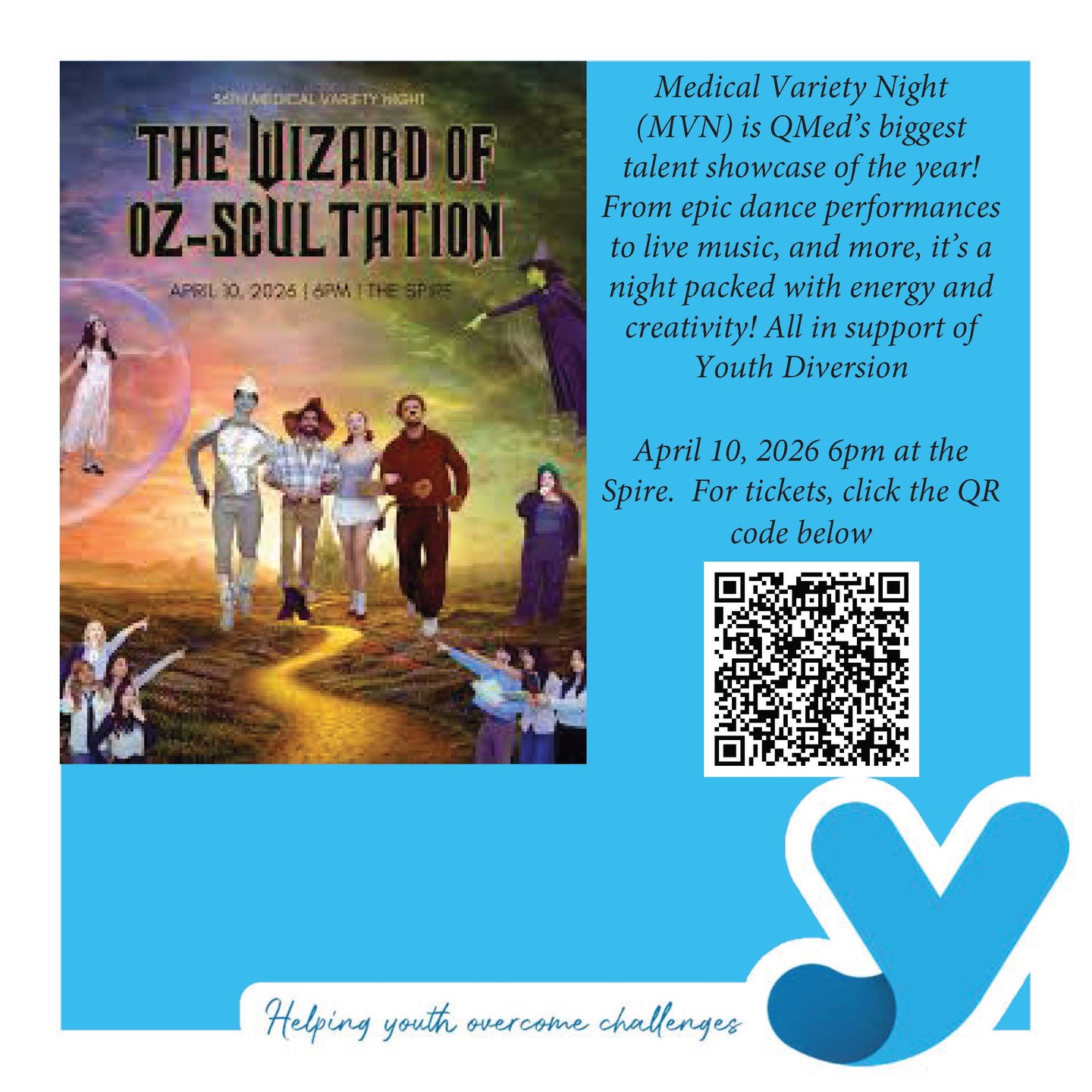 Youth Diversion is beyond thrilled to be this year's Charity for the 56th Annual Queen's @medicalvarietynight place on April 10th at 6pm at @thespirekingston Spire. A charity variety show put on by the students of Queen’s School of Medicine. It is a longstanding tradition with participation from over 200 students as well as faculty members. Acts include musical performances, comedic videos, and dance productions such as a Bollywood dance, a cappella group, and humorous videos created by each of the current medical school classes. To purchase tickets, use the QR code below or click this link https://www.eventbrite.com/e/56th-medical-variety-night-tickets-1966967496732Funds raised will go towards our Kids Can't Wait Initiative supporting our prevention programs such as Mentoring and our Kairos Substance use and Addiction services for children and youth. #kidscantwait #mvn2026 #ygk #queensuniversity