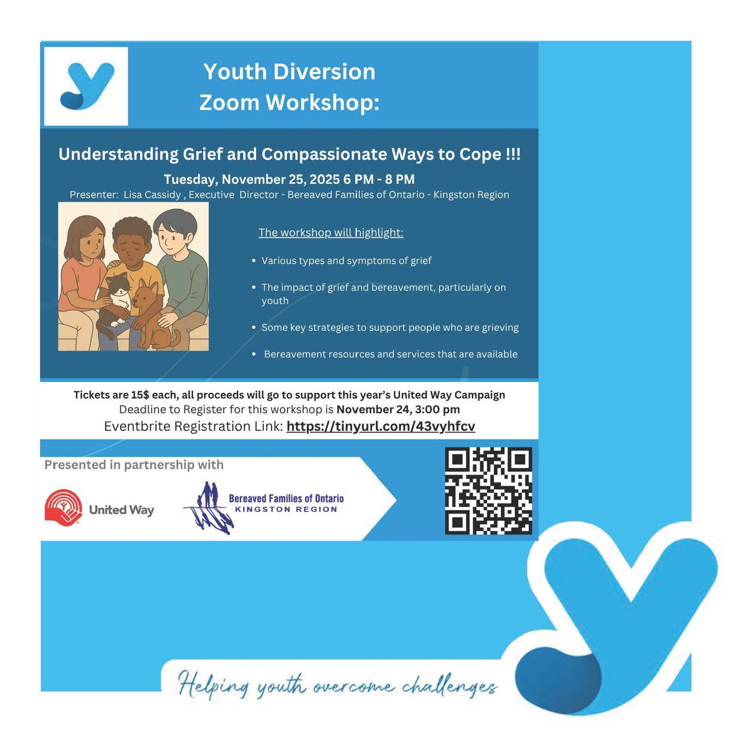 Please join us to better understand Grief and Compassionate Ways to Cope as presented by Lisa Cassidy, executive director of Bereaved Families of Ontario Kingston Region This workshop will highlight various types and symptoms of grief, its impact (particularly on young people) and key strategies. All proceeds will be donated to the @unitedwaykfla 
#grief #compassionatecare